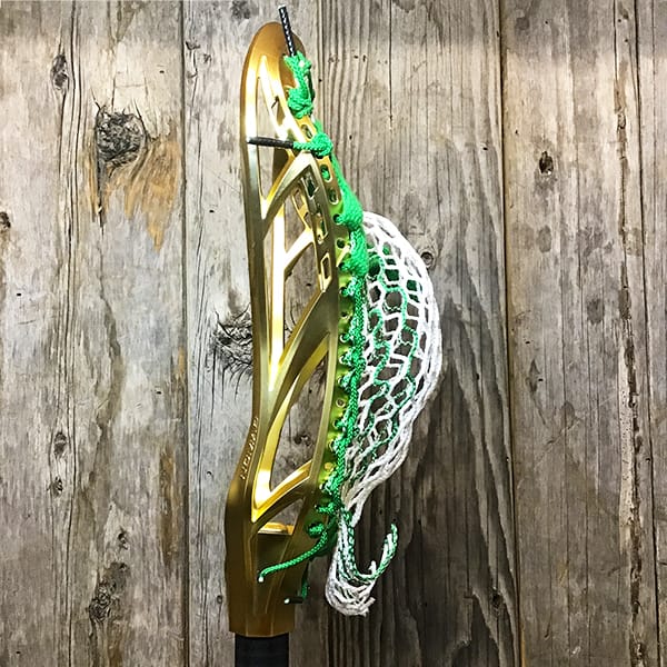 Adrenaline Mens Heads Gold/Green Lax Fan Custom Strung Gold Satin Chrome Adrenaline Nomad Mens Lacrosse Head with Green Striker Hero Mesh from Lacrosse Fanatic