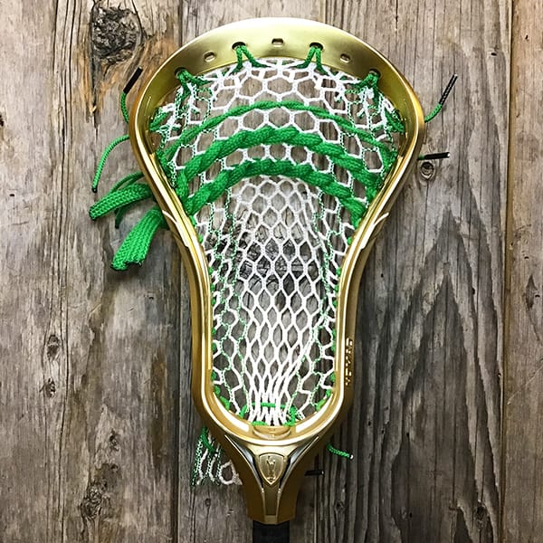 Adrenaline Mens Heads Gold/Green Lax Fan Custom Strung Gold Satin Chrome Adrenaline Nomad Mens Lacrosse Head with Green Striker Hero Mesh from Lacrosse Fanatic