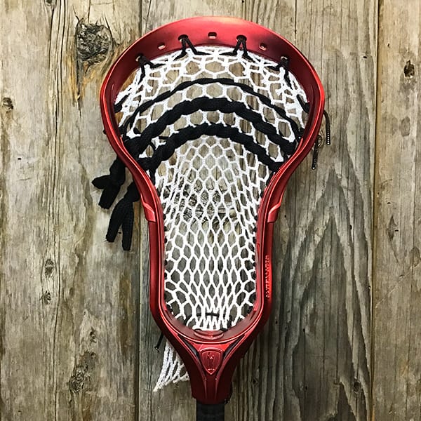 Adrenaline Mens Heads Red/White/Black Lax Fan Custom Strung Red Chrome Adrenaline Automatic Mens Lacrosse Head with White Hero Mesh from Lacrosse Fanatic