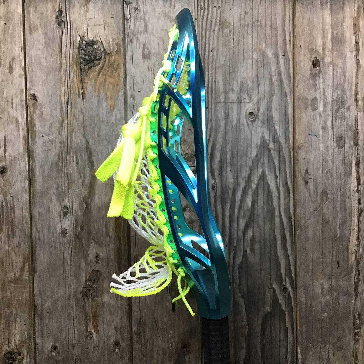 Adrenaline Mens Heads Teal/Yellow Lax Fan Custom Strung Teal Satin Chrome Adrenaline Nomad Mens Lacrosse Head with Neon Yellow Striker Hero 4 Mesh from Lacrosse Fanatic