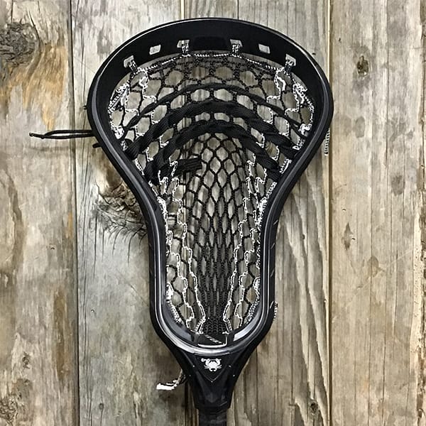 ECD Mens Heads Black/Black Lax Fan Custom Strung Black ECD Delta Mens Lacrosse Head with White Striker Hero Mesh from Lacrosse Fanatic