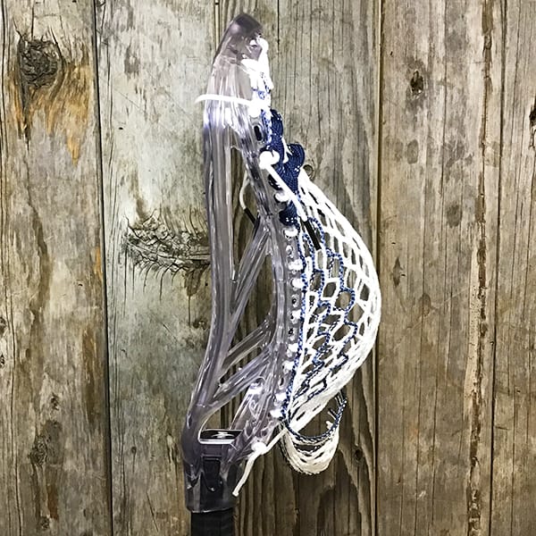 ECD Mens Heads Clear/Blue Lax Fan Custom Strung Clear ECD Ion Mens Lacrosse Head with Navy Striker Hero Mesh from Lacrosse Fanatic