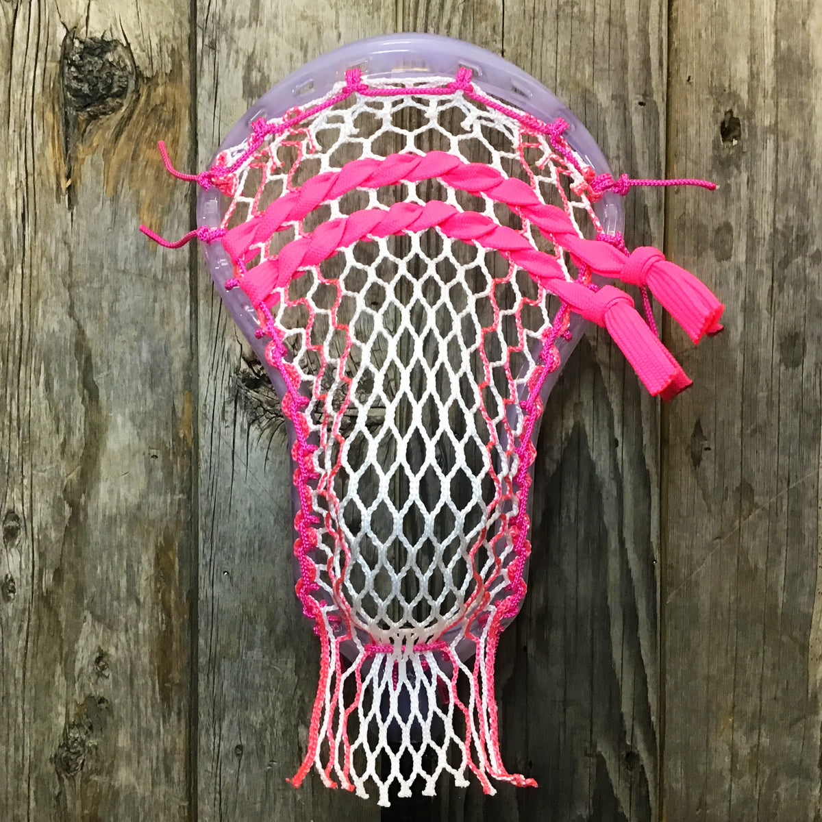 ECD Mens Heads Clear/Pink Lax Fan Custom Strung Ghost ECD Atom Mens Lacrosse Head with Pink Striker Hero Mesh from Lacrosse Fanatic