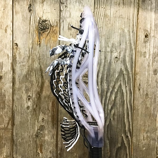 ECD Mens Heads Clear/Black Lax Fan Custom Strung Ghost ECD Atom Mens Lacrosse Head with White Striker Hero Mesh from Lacrosse Fanatic