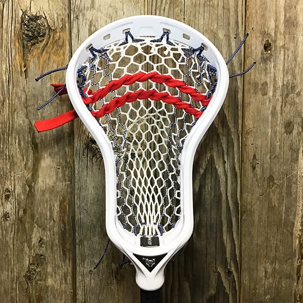 ECD Mens Heads White/USA Lax Fan Custom Strung White ECD Atom Mens Lacrosse Head with Navy Striker Hero Mesh from Lacrosse Fanatic