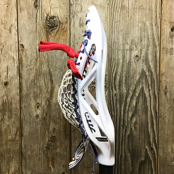 ECD Mens Heads White/USA Lax Fan Custom Strung White ECD Atom Mens Lacrosse Head with Navy Striker Hero Mesh from Lacrosse Fanatic