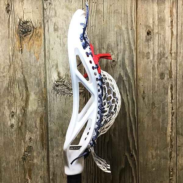 ECD Mens Heads White/USA Lax Fan Custom Strung White ECD Atom Mens Lacrosse Head with Navy Striker Hero Mesh from Lacrosse Fanatic