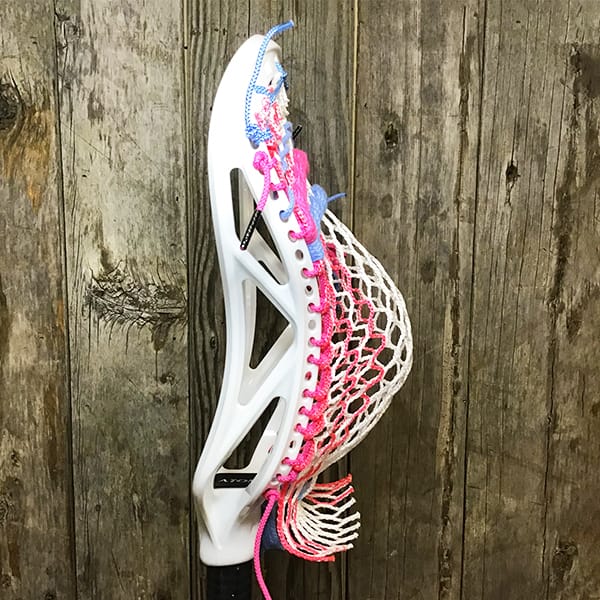 ECD Mens Heads White/Pink Lax Fan Custom Strung White ECD Atom Mens Lacrosse Head with Pink Striker Hero Mesh from Lacrosse Fanatic