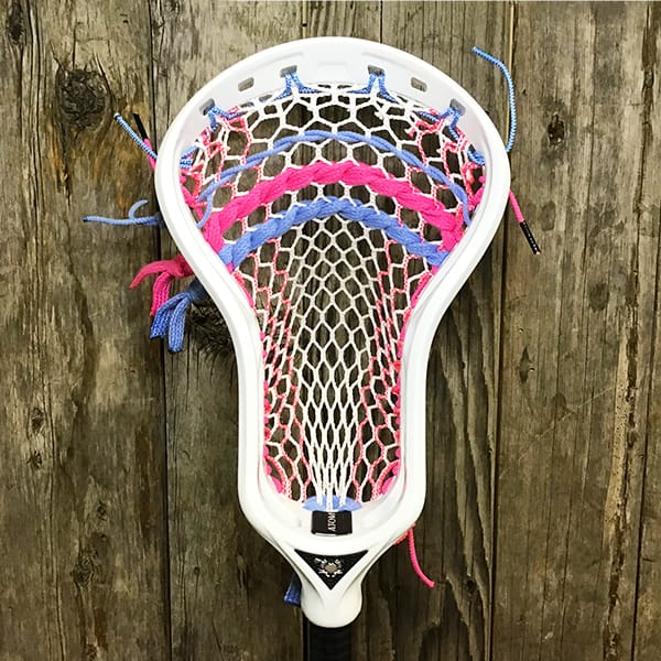 ECD Mens Heads White/Pink Lax Fan Custom Strung White ECD Atom Mens Lacrosse Head with Pink Striker Hero Mesh from Lacrosse Fanatic