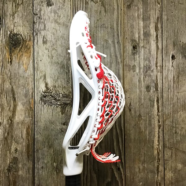 ECD Mens Heads White/Red Lax Fan Custom Strung White ECD Atom Mens Lacrosse Head with Red Striker Hero Mesh from Lacrosse Fanatic