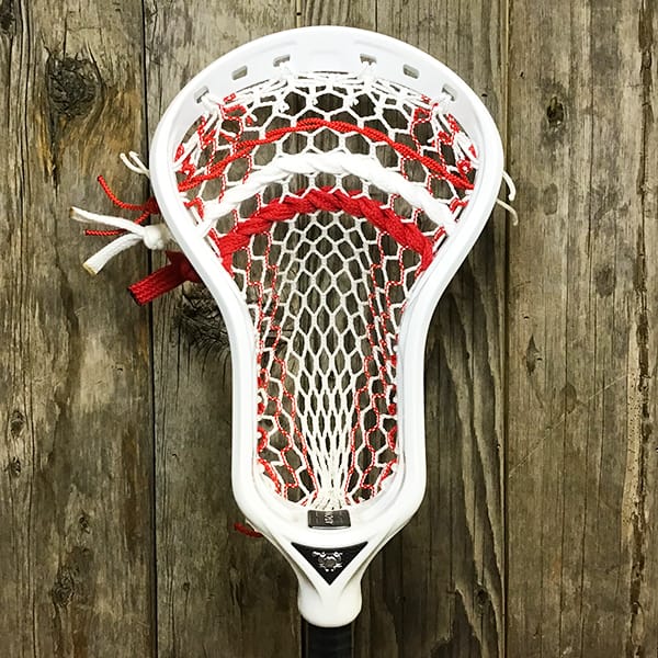 ECD Mens Heads White/Red Lax Fan Custom Strung White ECD Atom Mens Lacrosse Head with Red Striker Hero Mesh from Lacrosse Fanatic