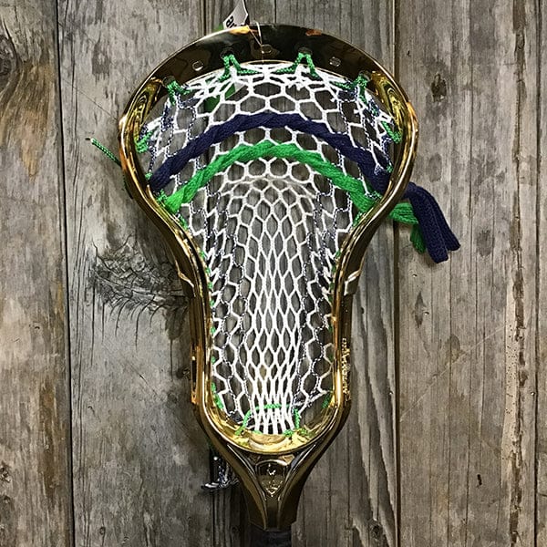 Maverik Mens Heads Gold/Navy/Green Lax Fan Custom Strung Chrome Gold Adrenaline Automatic Mens Lacrosse Head with Navy Hero 4 Mesh from Lacrosse Fanatic