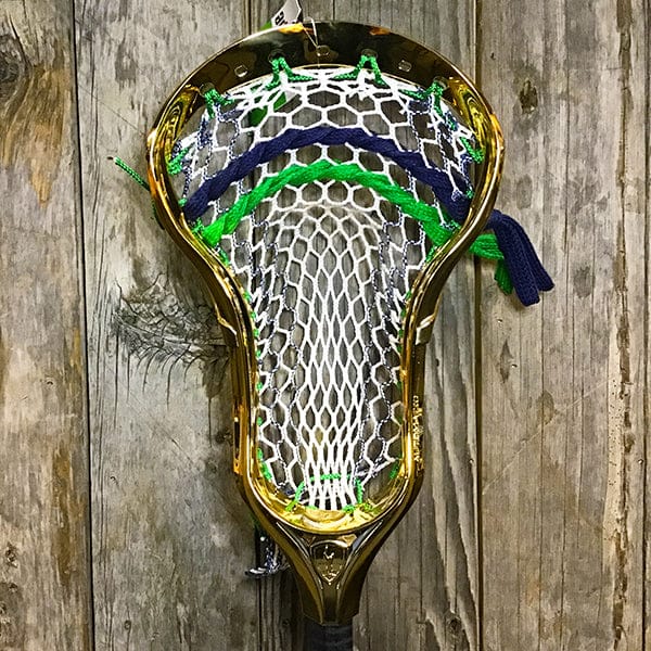 Maverik Mens Heads Gold/Navy/Green Lax Fan Custom Strung Chrome Gold Adrenaline Automatic Mens Lacrosse Head with Navy Hero 4 Mesh from Lacrosse Fanatic