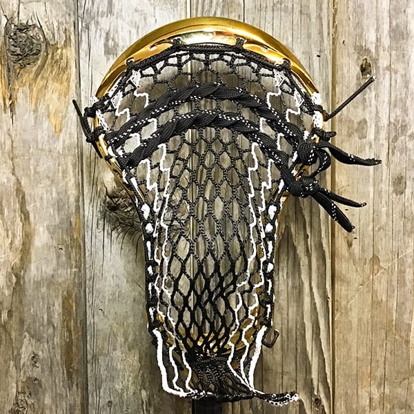 Maverik Mens Heads Gold/Black Lax Fan Custom Strung Chrome Gold Adrenaline Automatic Mens Lacrosse Head with White Striker Hero 4 Mesh from Lacrosse Fanatic