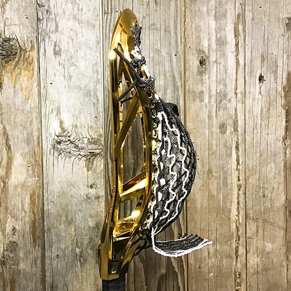 Maverik Mens Heads Gold/Black Lax Fan Custom Strung Chrome Gold Adrenaline Automatic Mens Lacrosse Head with White Striker Hero 4 Mesh from Lacrosse Fanatic