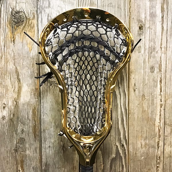 Maverik Mens Heads Gold/Black Lax Fan Custom Strung Chrome Gold Adrenaline Automatic Mens Lacrosse Head with White Striker Hero 4 Mesh from Lacrosse Fanatic
