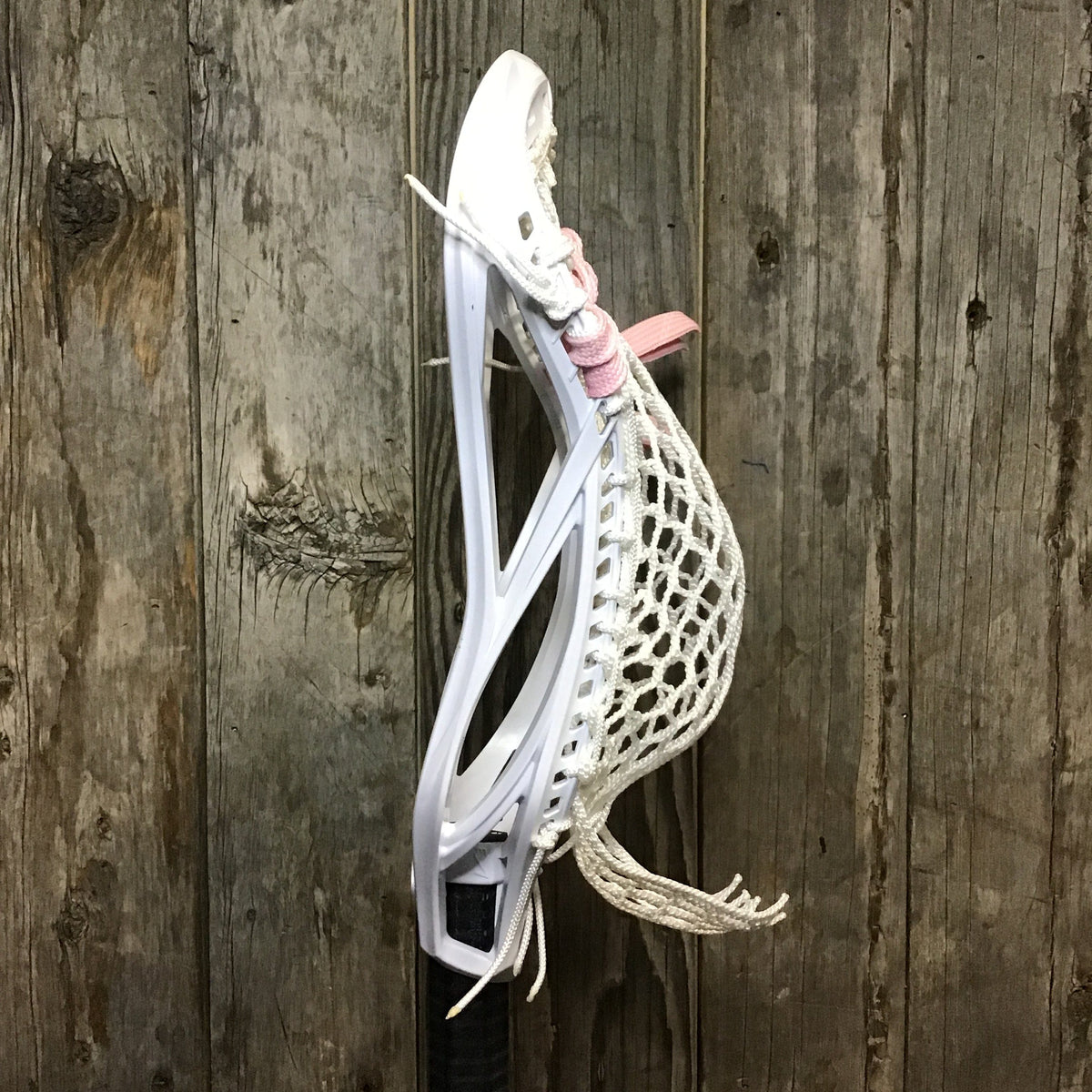 Maverik Mens Heads White/Pink Lax Fan Custom Strung White Maverik Kinetik 3 Mens Lacrosse Head with White Hero Mesh from Lacrosse Fanatic