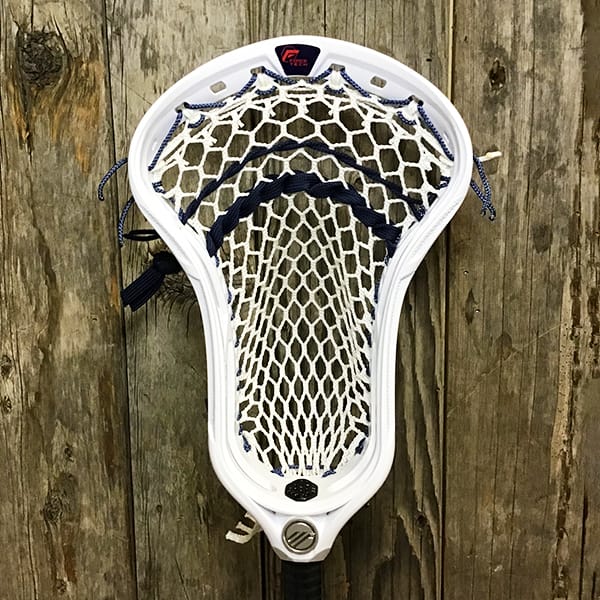 Maverik Mens Heads White/Navy Lax Fan Custom Strung White Maverik Optik Force Mens Lacrosse Head with Navy Striker Hero Mesh from Lacrosse Fanatic