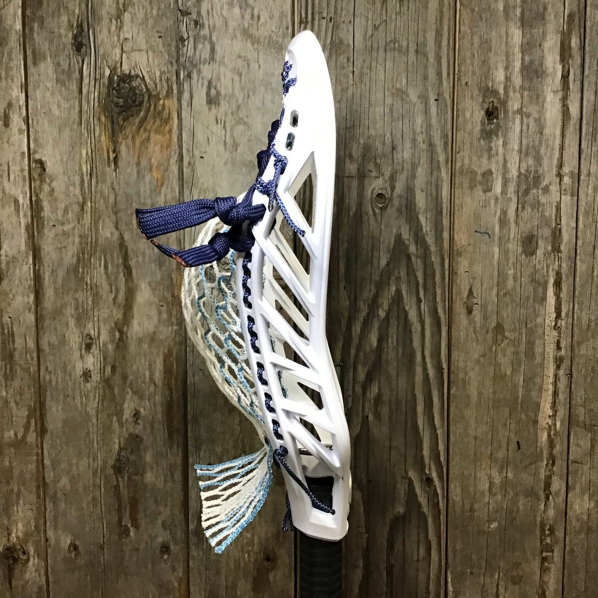 Maverik Mens Heads White/Blue Lax Fan Custom Strung White Maverik Tank 2 Mens Lacrosse Head with Carolina Striker Hero Mesh from Lacrosse Fanatic