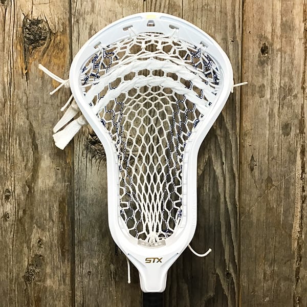 STX Mens Heads White/Navy Lax Fan Custom Strung White STX Hyper Power Mens Lacrosse Head with Navy Striker Hero Mesh from Lacrosse Fanatic
