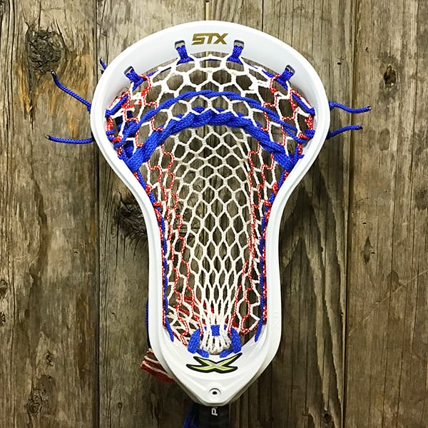 STX Mens Heads White/USA Lax Fan Custom Strung White STX X-It Mens Lacrosse Faceoff Head with Red Striker Hero Mesh from Lacrosse Fanatic