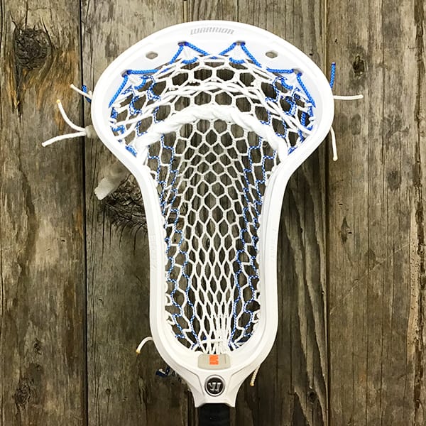 Warrior Mens Heads White/Royal Lax Fan Custom Strung White Warrior Burn Formula Face-Off Head with Royal Blue Hero Mesh from Lacrosse Fanatic
