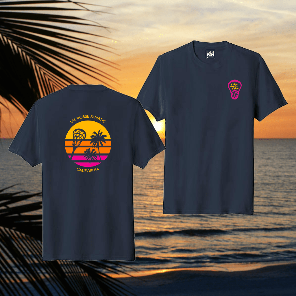 Lacrosse Fanatic Shirts Lax Fan Original T-Shirt - &quot;Sunset&quot; Design on Navy Blue Shirt from Lacrosse Fanatic